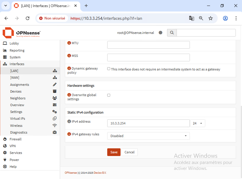 Tableau de bord et interfaces OPNsense